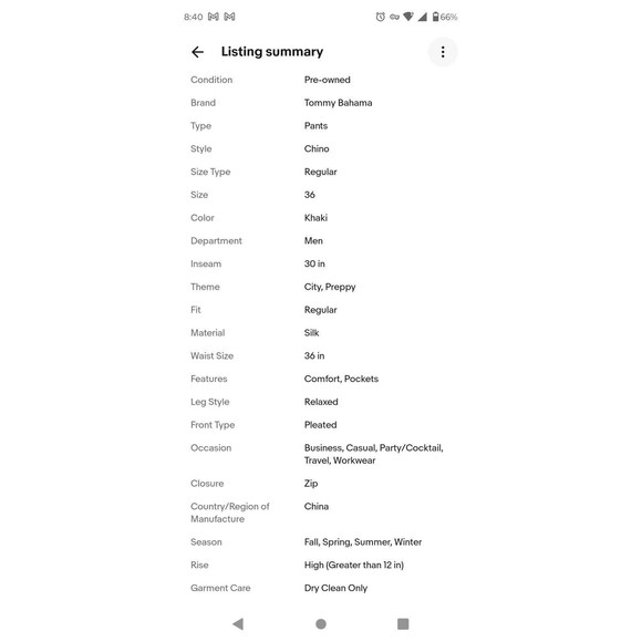 Tommy Bahama 100% Silk Relax Chino Pants Beige Pleated 36/30 Classic Casual 1994 - Picture 7 of 7